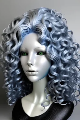 Full rubber female face with rubber effect in all face with grey and long holographic curly hair sponge rubber