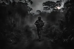 Spectral ghost of a headless soldier carrying a Thompson machine gun through the Congo at night