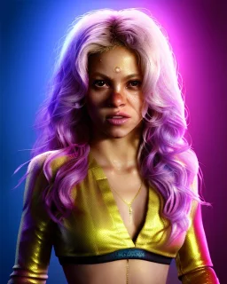 portrait, Shakira, blonde artist, angry, Realistic image, MMA robe, hoodie, mouthguard, nose, band aid, loose long hair, eyes make up, line gold make up, glow, circle iris. Rain, fog, Neon colors, leds. Dark background, photo studio, concept art, smooth, unreal engine 5, god lights, ray tracing, RTX, lumen lighting, ultra detail, volumetric lighting, 3d, finely drawn, high definition, 4k.