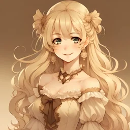 Adult woman, long blonde hair with curly tentrils against her cheek and top half up on a nice little bun, warm brown eyes, anime style, front facing, rococo dress,