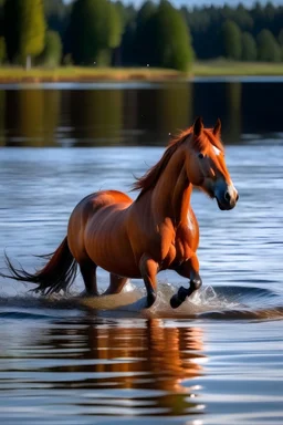 A red roan mare rearing in a large stunning lake