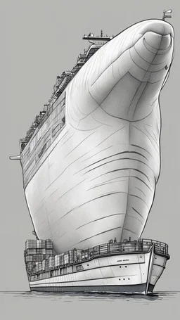 A drawing of a container ship that looks like a big beluga whale. View from side. With eyes. Digital art. Docker