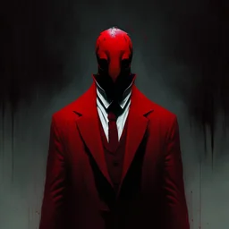 a sinister faceless figure wearing a red suit and a priest's collar with no face and dirty slicked back hair