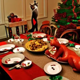 Cats and children eating Christmas dinner with alien lion and floating ball, and exquisitely decorated turkey and HR giger alien