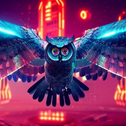 great illustrator, spanish, realistic rendering owl with metalic wings, red left eye, laced circuits, luminescent lights, bat flying, blade runner city, style, robotic bird flying. High details. 4k. unreal engine, dusk, red lasers in prospective, 70 degrees