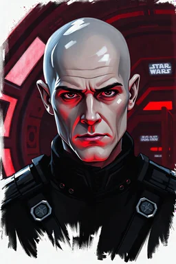 rough style painting of a star wars character, a charimatic and confident male umbaran. he has a shaved head. His skin is grey pale and his eyes are dark. He is in a dark and red spaceship room. He wears black imperial suit.