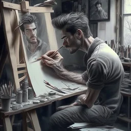 man in a art studio, realistic drawing