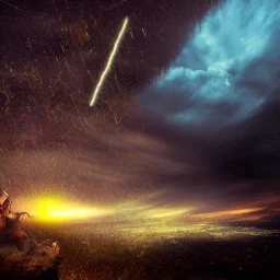 doom scenary. Heavy rain. Epic Lighting in the sky. Knight with masonic scroll. Falling meteorite from the sky. Meteorite burning in the distance. Dark mud.