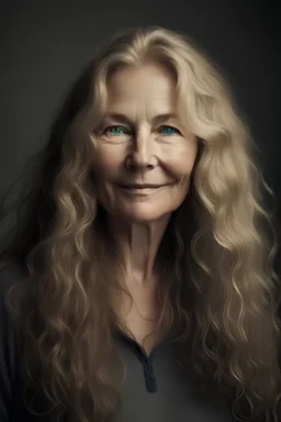 portrait of a beautiful 50 year old norwegian woman with long blond wavy hair, curvy body, earthbound, warm-hearted