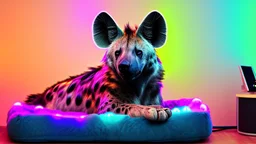 Fluffy Hyena sleeping comfy on a doggy bed, in a colorful and dimly lit gaming PC room, filled with neonlights, night time, atmospheric, detailed.