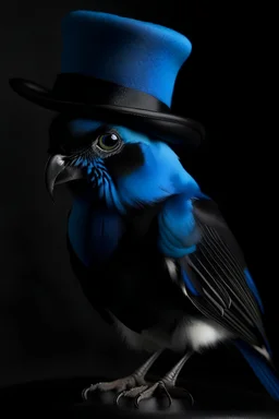 Blue Budgie with a tall black tophat on.