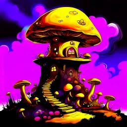 A fantabulous black, magenta and yellow (((mushroom tower house))) erected atop a (geologic pillar), surrounded by the uncanny imaginative ((( swirling skies))), offset by the stark hues of a (neon-tinged nebulous space scape), within. captured by the hand a skilled master painter with a focus on (softly blurred compositions and voluminous lighting).