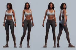 Female character full anatomy Proportions of the character the head-to-body ratio . Front, Side, and Back Views: Provide multiple views of the character, including front, side, and back mode sheet .stylized animation character 8k Art station. realistic style