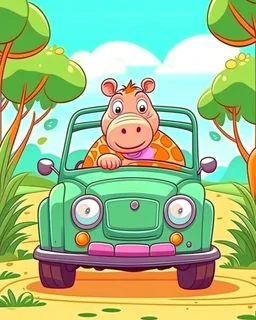 baby hippopotamus, cartoon style, safari background, driving a tourist car, colorful, high quality