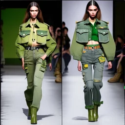 Women model catwalk wearing cargo jeans with patch with twill armor jellow and green