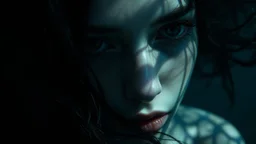 close up face shadow eyes, void, pain, hyper-realistic detail, floats in deep sea, Dark sea ten and in her hair, drils and shadow around, abyss, fog, Style crepy stunning, dark, surreal vibe underwater and meticulous detail clean pale skin and face. dark shadow and weird mood