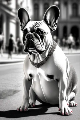 One single mature french bulldog, friendly, playing guitar in the street , Vienna, opera, sunny day, model style, hyper realistic, extremely accurate, delicate, extremely detailed, Graphic novel style, wide-angle, open aperture, superfine pencil