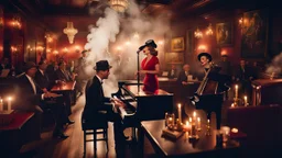 photo from an (authentic American jazz pub 60s style), a ((man in hat and dark suit playing on the piano)), and a beautiful (woman singing next to men in 60s fashion red dress), warm lights, cigarette smoke, wooden tables with guests, intricately detailed, sharp focus, cinematic