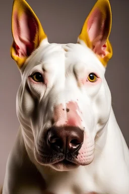 anthropomorphic bull terrier with yellowish white fur, short ears, brown spots in both of the eyes and a pink nose.