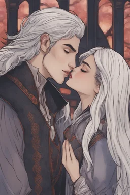 A couple from the dnd game curse of Strahd kissing. She has white hair he has long black hair. Romantic, sweet, loving, possessive, protective, kiss