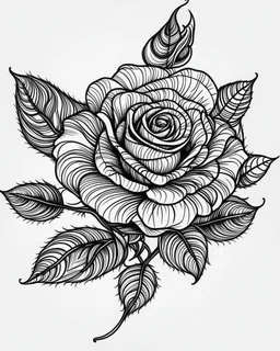 realistic rose tattoo idea, line art, background, vector, svg, black outline on white background, leave plenty of white space beetween lines for coloring, tattoo style, tattoo idea