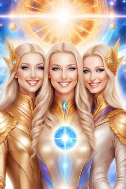 cosmic woman smile, admiral from the future, one fine whole face, crystalline skin, expressive blue eyes,rainbow, smiling lips, very nice smile, costume pleiadian, Beautiful tall woman pleiadian Galactic commander, ship, perfect datailed golden galactic suit, high rank, long blond hair, hand whit five perfect detailed finger, amazing big blue eyes, smilling mouth, high drfinition lips, cosmic happiness, bright colors, blue, pink, gold, jewels, realist, high,rainbow commander, ufos
