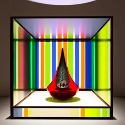 an architectural model of a colorful glass gondola on display in a contemporary art gallery in a bell jar, caustics reflections, symmetrical, pointed arches, frosted glass, muted fall colors, glossy from rain, rayonnant style, highly detailed, photographed by Andreas Gursky, bokeh, studio lighting, light box, dramatic lighting