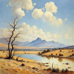 clouds, arid land, distant mountains, dry trees, pond, alfred sisley impressionism painting, Yves Tanguy