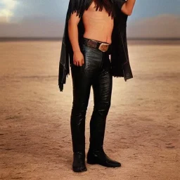 a 30 year old man wearing leather pants, a dirty Mexico-themed poncho, bowl-cut haircut, light facial hair, full body shot, holding 2 daggers while scowling