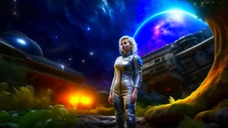 A full-body photorealistic image of an adventurous older woman from the future, dressed in a tailored, full-body spacesuit, stands proudly beside her huge cargo spaceship, no wings, standing on a metal box. Her untidy, blond hair has bangs, standing in a jungle clearing. The scene is framed by a cosmic expanse of stars and nebulas.