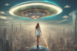 beautiful woman riding flying saucer over future alien city