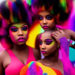 full body shot, masterpiece, best quality, family of three, black skinned, sparkling eyes, fluorescent skin, colorful makeup, afro, highly detailed body, afrofuturism, scifi, sun light, 4K, RAW, depth of field, high contrast, realistic details, 24mm