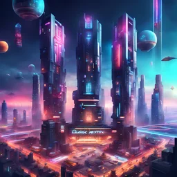 dark matrix capsule towers, colored gradients elements, billboard screens, online casino games, deep night, air shot, city landscape