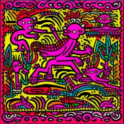 Magenta psychic wetlands near a beach designed in medieval tapestry painted by Keith Haring