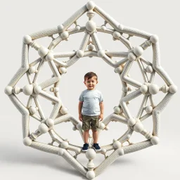 a 3d structure fractal based on tiangles with small spheres at joints ,with a 8 years old boy standing in center