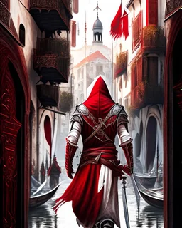 Assassin creed con dagas y espadas caminando de frente por Venezia pantalones capa arte digital hiperdetallado detalles intrincados obra de arte rojo blanco 8k