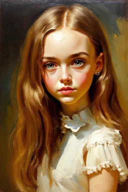 Lily-rose Depp, long hair, big shining eyes, in the style of Renoir, oil painting