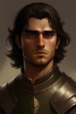 handsome young knight with dark olive skin and dark hair. strong and prominant nose