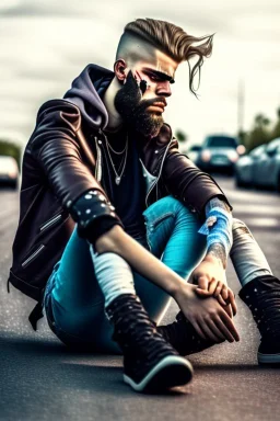a very sad hurt swedish motorcycle young gang man with beard, he is covered all the body with bandage and are in deep pain, bandage all over him, cripple, lying on the floor