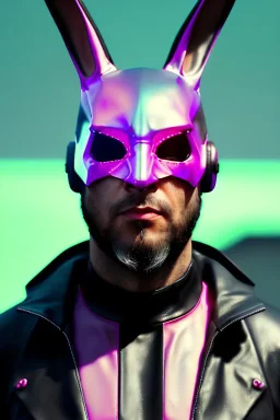 Medium Close Up Portrait, Front image. cyberpunk, rabbit mask, sweet woman, black hair and beard. latex suit army. Pink, black, color. Cyber futuristic style. Color background, photo studio. Avatar image, highly detailed, concept art, smooth, unreal engine 5, ray tracing, RTX, lumen lighting, ultra detail, volumetric lighting, 3d, finely drawn, high definition, high resolution.