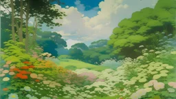 An illustration by Monet and Miyazaki of a landscape of blooming flowers and lush vegetation.