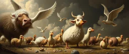 Bill Gates paint a picture of heavenly fluffy elevated messed up woodland duck cow snail and ad & d monster creatures flock painted by Nerdrum and Rembrandt