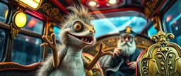 close up portrait of hairy fluffy polymer clay cute happy excited gesticulating alien monster banana duck slug squirrel with realistic human colored and textured skin, and long sleek limbs and with studio lights, on a luxury ornate neon buss with strange graphitti and tatooes, talking to a wise man, buss is full of smoke, and bright beams from the sky