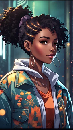 twenty year old black girl with short hairs, with a jacket and rock clothes style, full size, best quality, digital painting, 4k, sharp focus, intricate texture, skin imperfections, blank background. , interactive novel style,bokeh, professional, anime clean drawing,Your Name, 4k, highly detailed, clear lighting,