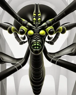 Distorted large yellow insectoid alien black eyes, in a mall, sci-fi art, graphic design, digital illustrated scene, alien art, high strangeness, absurdist, cartoonists