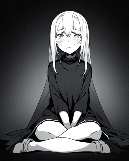 emotionless, numb, heartbroken, black and white, anime girl sitting with full black background