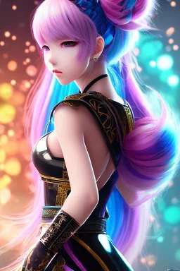 Detailed cute anime Kunoichi girl, rainbow hair buns, rainbow bangs, black latex bodysuit, intricate details, full body portrait, keep head in frame, slight smile, black Japanese motif, concept art, highly detailed, digital painting, concept art, sharp focus, illustration, art by Yoji Shinkawa, WLOP and greg rutkowski and alphonse mucha and artgerm and yanjun Chen and Junji ito and Makoto Shinkai, HDR, octane render