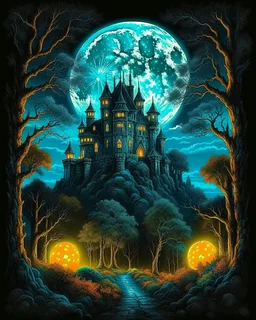 Moon, halloween night, shadowy old isometric castle surrounded by cemetery garden, dark forest in the background,HDR,UHD,8K, best quality, masterpiece, Highly detailed, ultra-fine painting, Urban Pulse::2 Street Art, deconstructionism, typographic expression, vibrant colors, urban surrealism, synthwave:: t-shirt vector, center composition graphic design, plain background::2 mockup::-2 --upbeta --ar 1:1