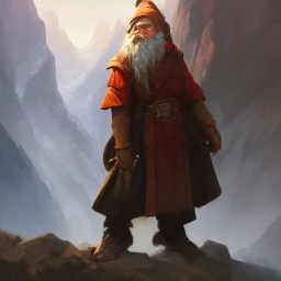 dungeons and dragons dwarf wizard character standing centered portrait, dramatic light, mountain background, 2 0 0 mm focal length, painted by stanley lau, painted by greg rutkowski, painted by stanley artgerm, digital art, trending on artstation