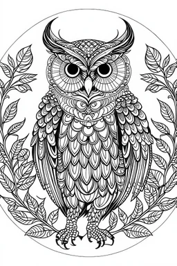 a wise owl in a charming European woodland, clean line art, monochrome, for kids coloring book, white background